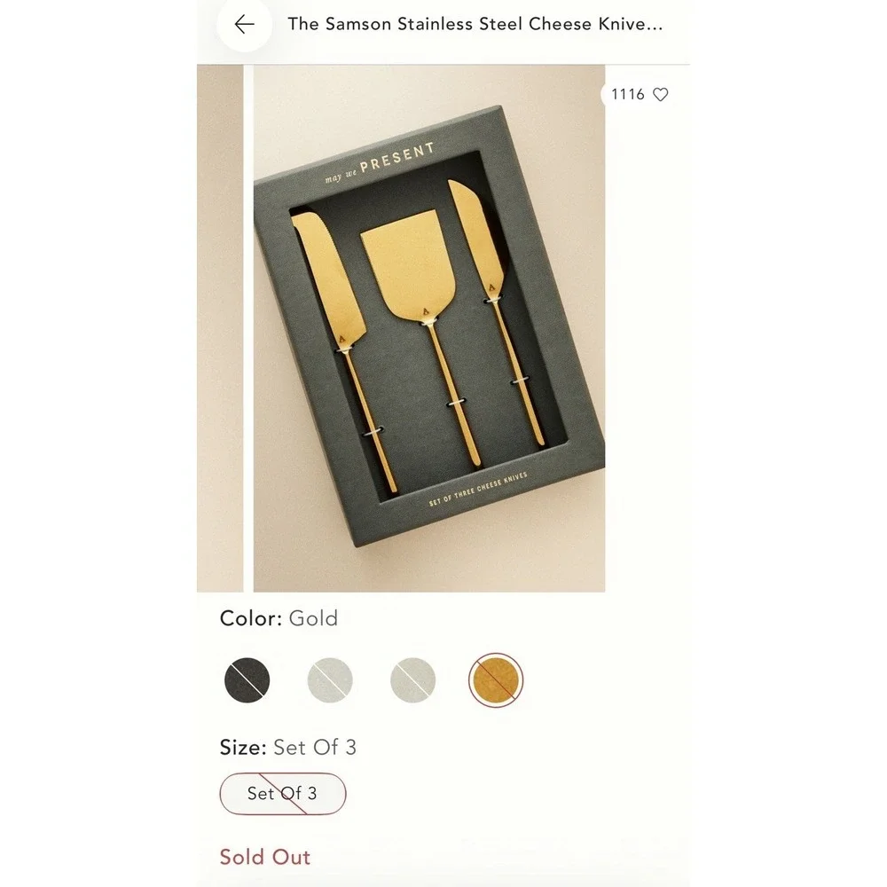 Stainless Steel Gold Cheese Knives Set of 3 – Hard, Flat, Pronged